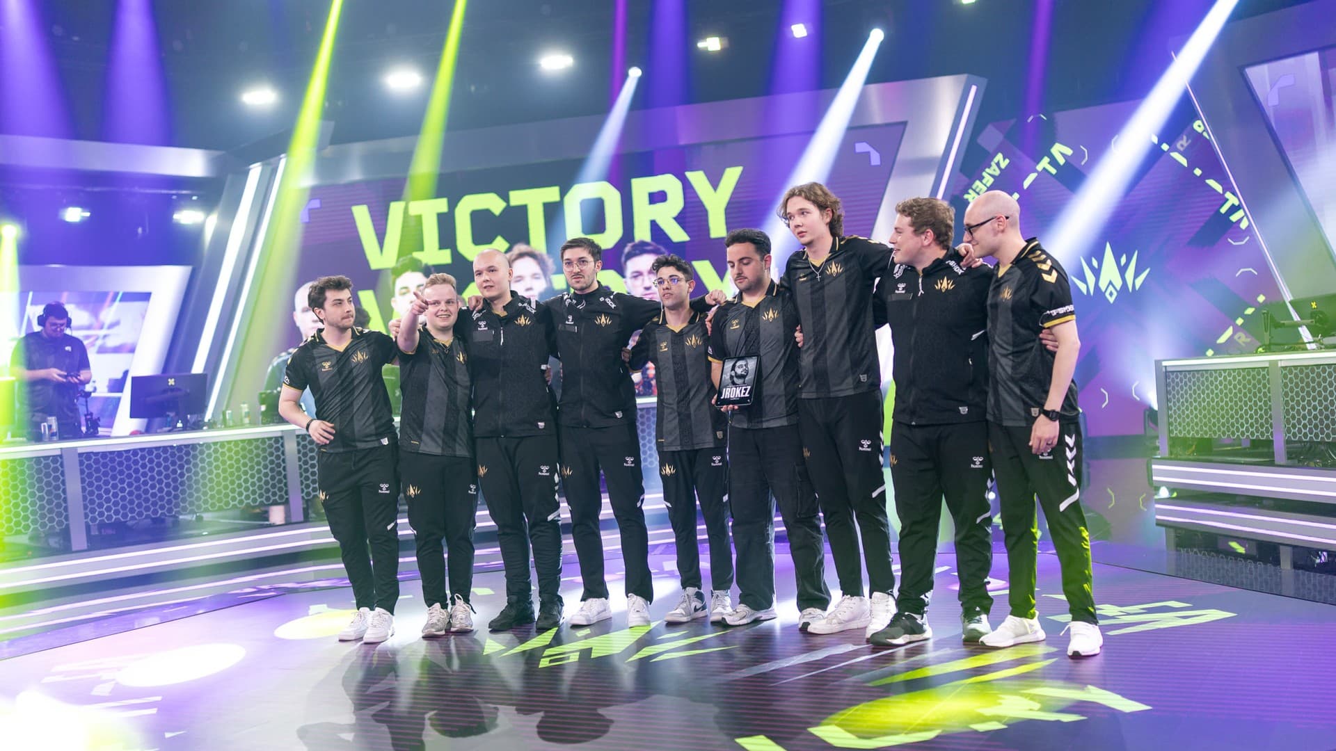 sociablEE with the rest of BBL celebrating on stage after beating Fnatic at the VCT EMEA 2025 Stage 2 playoffs (Image Source: Michal Konkol/Riot Games)