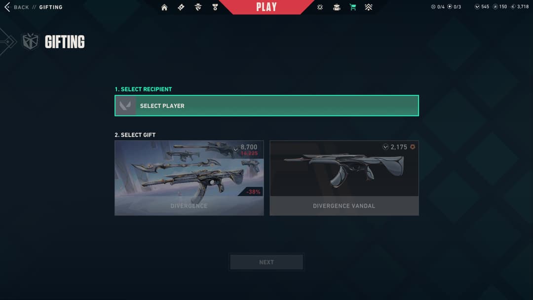 Escolha o destinatário no menu suspenso e escolha se está comprando o pacote completo ou apenas uma arma Se você quiser presentear uma skin específica do pacote, certifique-se de percorrer a visualização do pacote até selecionar a arma desejada antes de clicar em presentear.