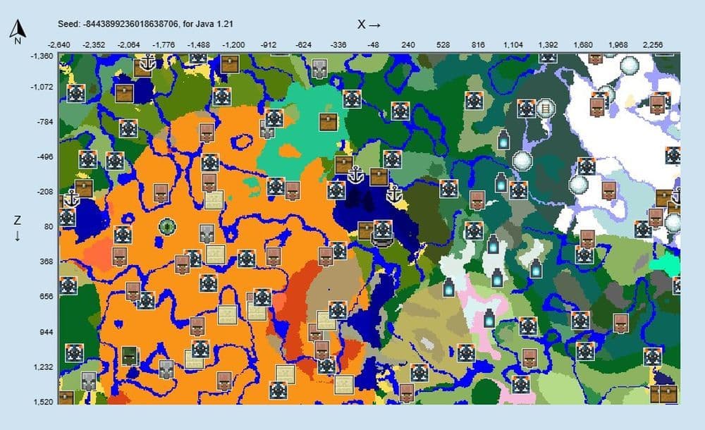 Multiple Biomes and Exploration Points Seed Code: -8443899236018638706 (Image Credit: Screengrab via Chunkbase)