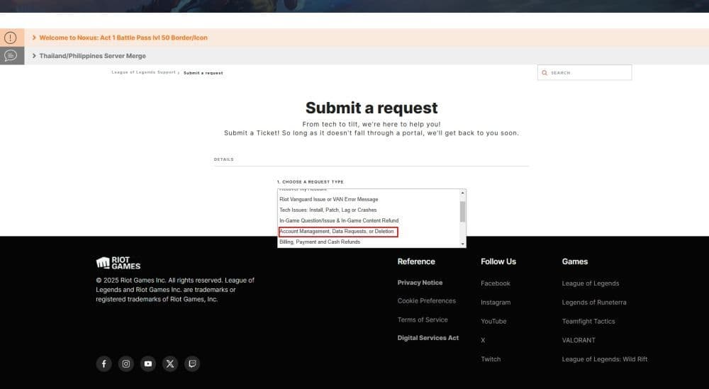 Select “Account Management, Data Requests or Deletion” from the drop-down menu and continue the steps (Screengrab via Riot Games)