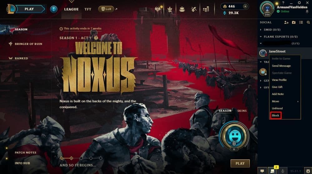 If the player you want to block is on your friends list, simply right-click on their name and choose “Block” at the end of the drop-down menu (Screengrab via Riot Games)