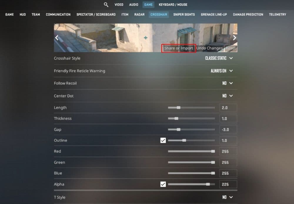 Click on the “Share or Import” button to put the crosshair code (Image Credit: THESPIKEGG)