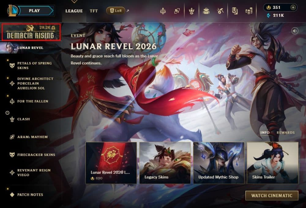 Click this button here on the top left to open the Demacia Rising screen within the client (Image Credit: Screenshot by THESPIKEGG)