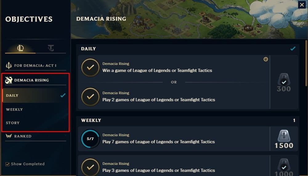 Open your “Objectives” page and choose “Demacia Rising” from the left-side menu to see your completed and remaining objectives, as well as how many Silver Shields you can still win (Image Credit: Screenshot by THESPIKEGG)