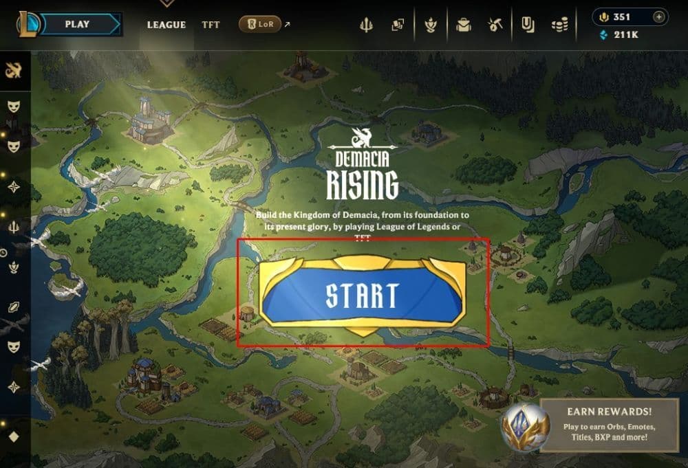 Then hit “Start” to launch the Demacia Rising metagame in League of Legends (Image Credit: Screenshot by THESPIKEGG)