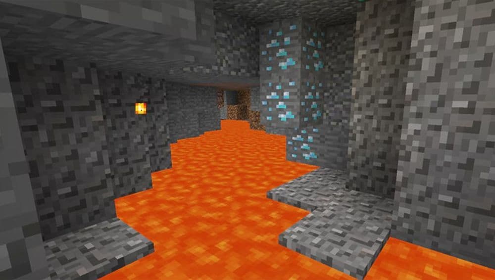 Once you find Diamond Ore, you have to be careful with lava pools surrounding the area (Image Credit: Minecraft)
