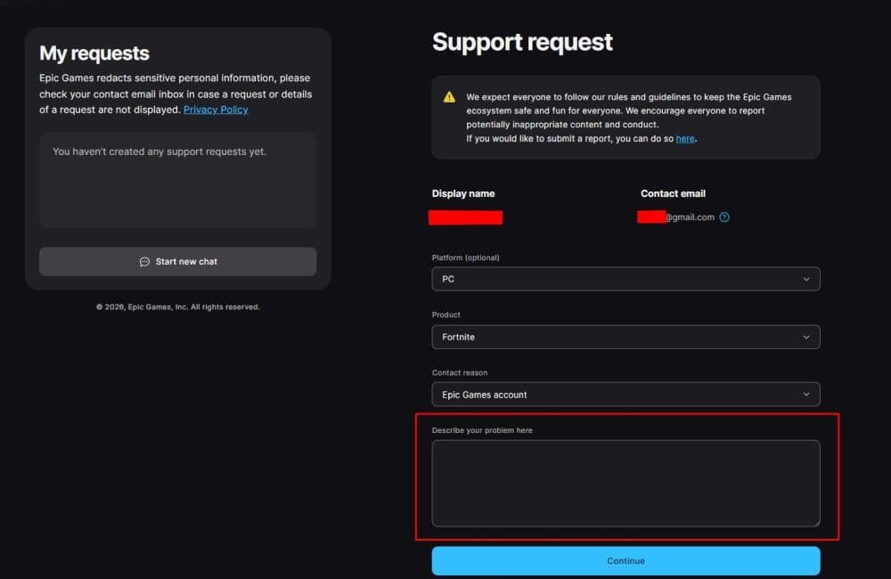 Don’t forget to log in to your account, and explain the issue in the box shown in the image (Image Credit: THESPIKEGG)
