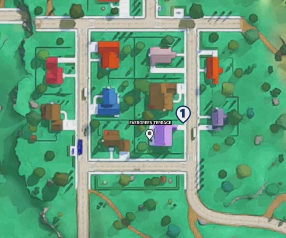The Simpsons' house is located in Evergreen Terrace in the current Fortnite map (Image Credit: GamerDad on YouTube)