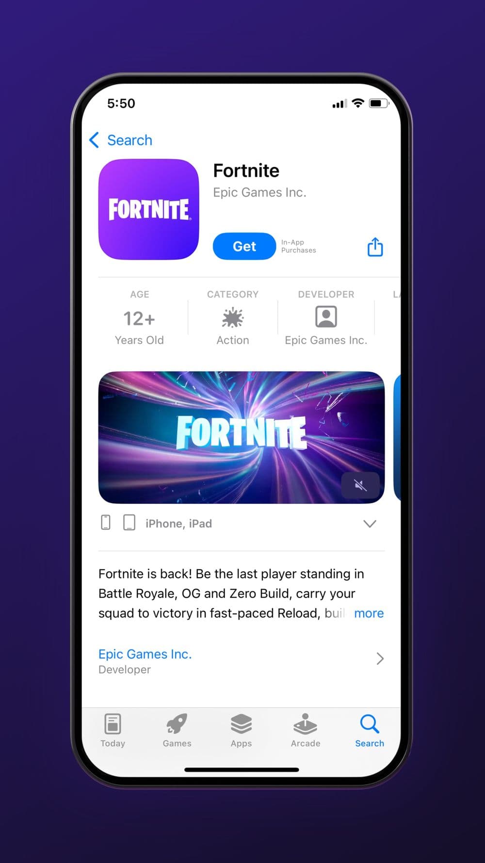 After uninstalling the game from your phone, simply go to the App Store or Google Play Store pages of Fortnite to download it back again (Image Credit: Fortnite)