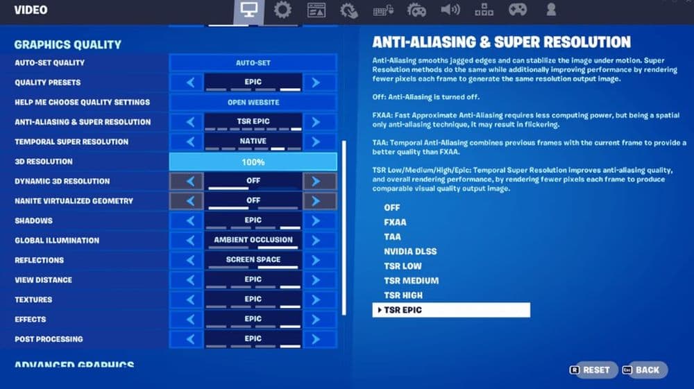 Open the video settings in Fortnite and apply Veno’s settings, especially if you have a strong setup (Image Credit: THESPIKEGG)