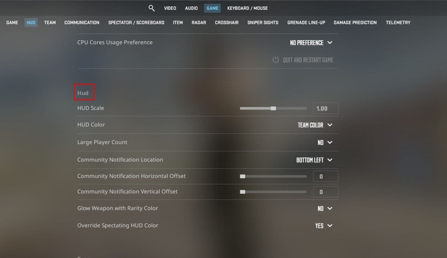 Here is where to change the HUD color in your CS2 settings (Image Credit: THESPIKEGG)