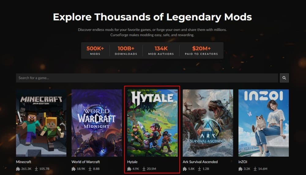 CurseForge supports Hytale and is currently one of the most popular games on the platform (Image Credit: Screenshot by THESPIKEGG via CurseForge)