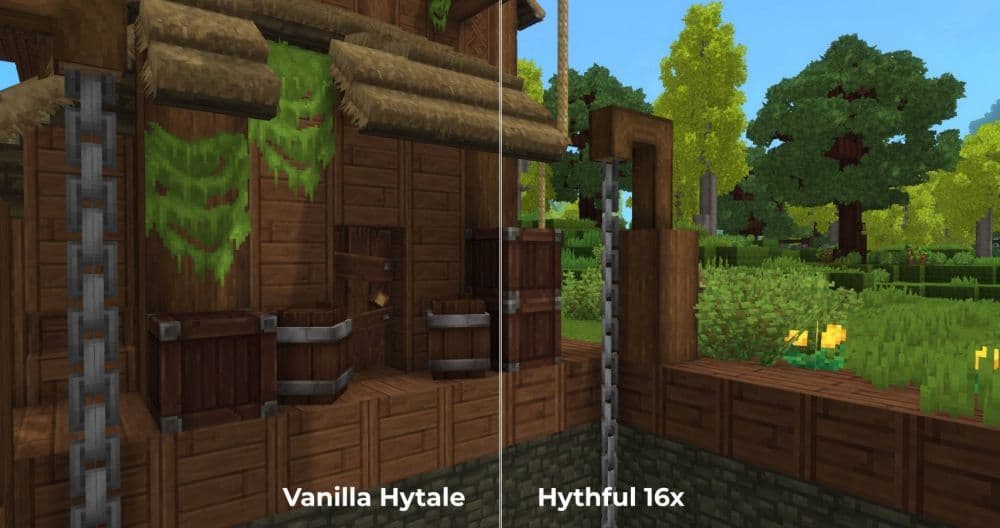 Here is a picture showing the difference between the vanilla Hytale game and a texture pack named “Hythful 16x” on CurseForge (Image Credit: illystray on CurseForge)
