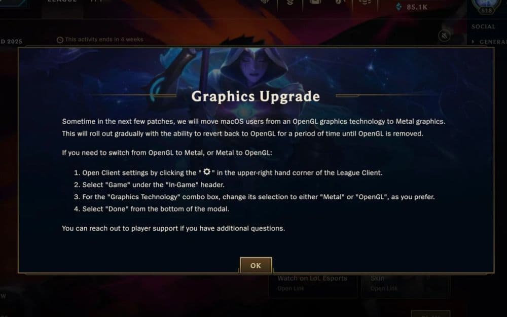 Riot Games announced the new Metal Graphics update with an in-game pop-up besides the patch notes (Image Credit: u/nij3433 on r/Macgaming)