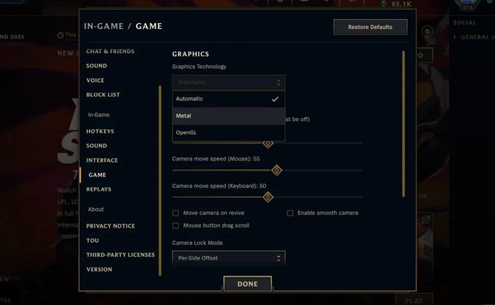 If yours is still stuck in OpenGL, go to in-game settings and check if you can see “Metal” in the “Graphics Technology” menu (Image Credit: u/nij3433 on r/Macgaming)
