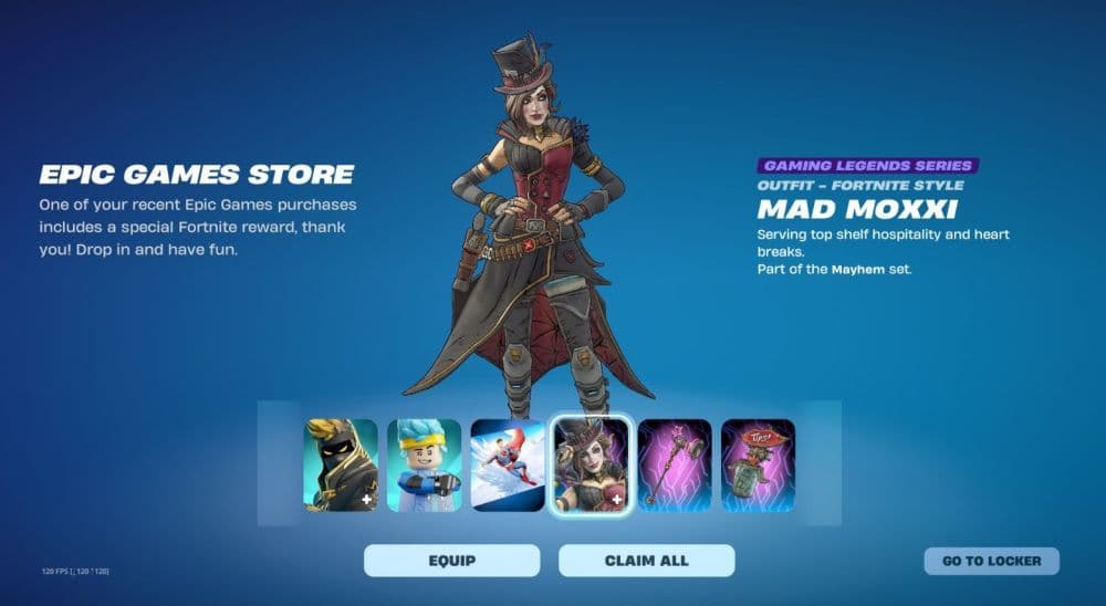 Here is the main Mad Moxxi outfit, Moxxi’s Tip Jar Back Bling, and Underdome Megaphone Pickaxe in Fortnite (Image Credit: @CbpMars on X)
