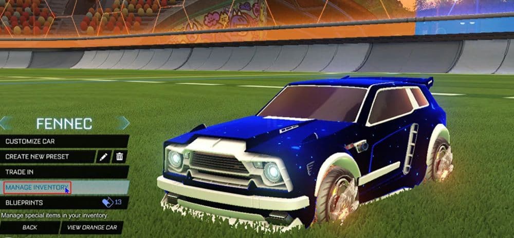 After selecting “Garage” from the main screen, click on “Manage Inventory” and access all of your Rocket League drops (Image Credit: LandonRL on YouTube)