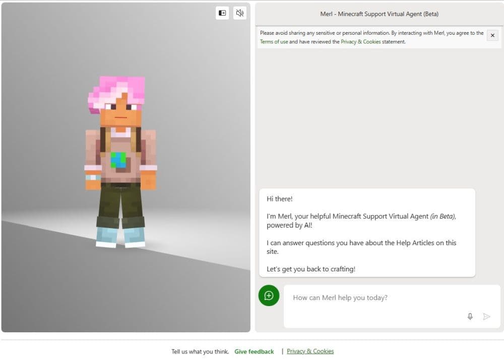 You can ask Merl questions about the issues you’ve encountered in Minecraft and it will direct you to the correct source (Image Credit: Screengrab via Minecraft)