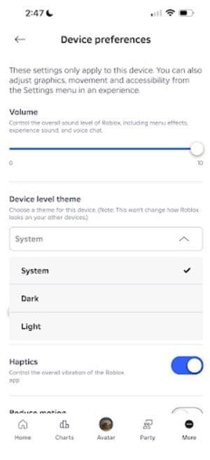 Go to “Device Preferences” and change your Roblox to dark mode (Image Credit: Roblox)