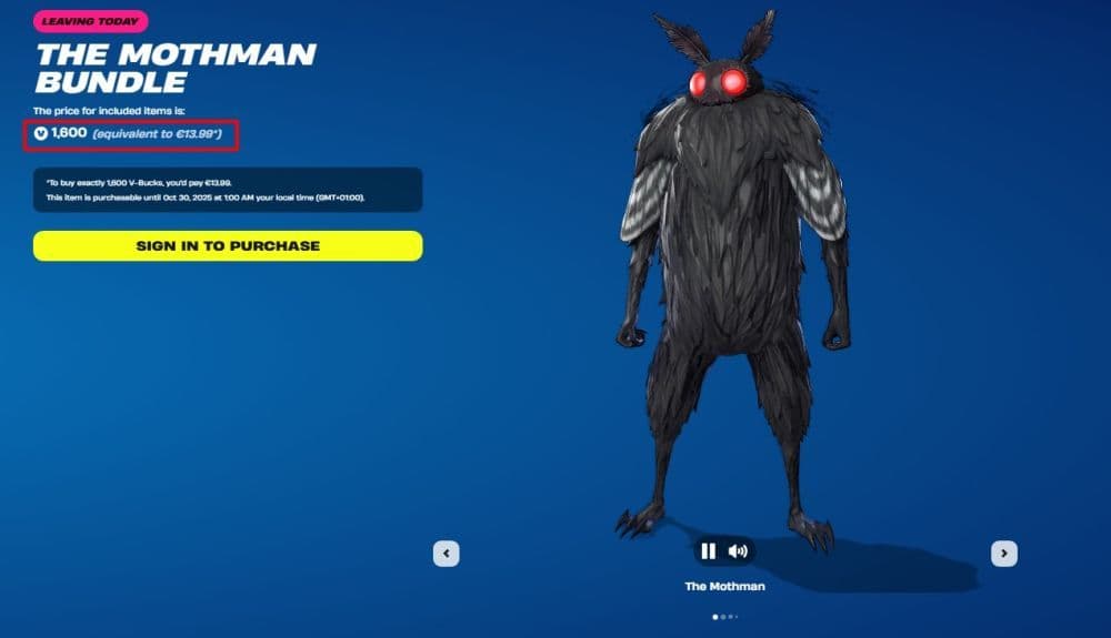 You can get The Mothman bundle for 1600 V-Bucks from the Fortnite Item Shop (Image Credit: Screngrab via Fortnite)