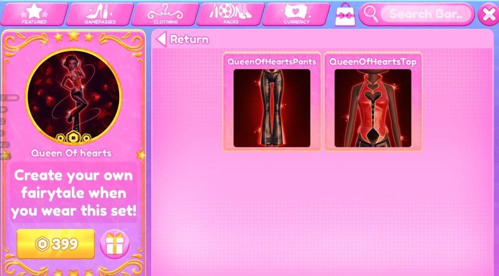 The Queen of Hearts Set includes two wearables and you can either combine them or make your own outfit however you like (Image Credit: Screengrab by THESPIKEGG via Dress to Impress on Roblox)