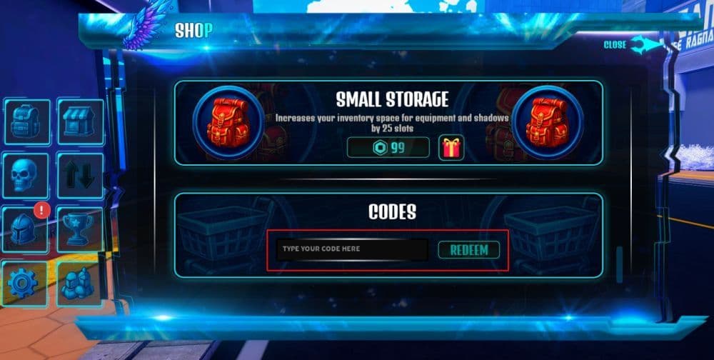 Once you open the shop menu, scroll all the way down and find the “Codes” section (Image Credit: THESPIKEGG)