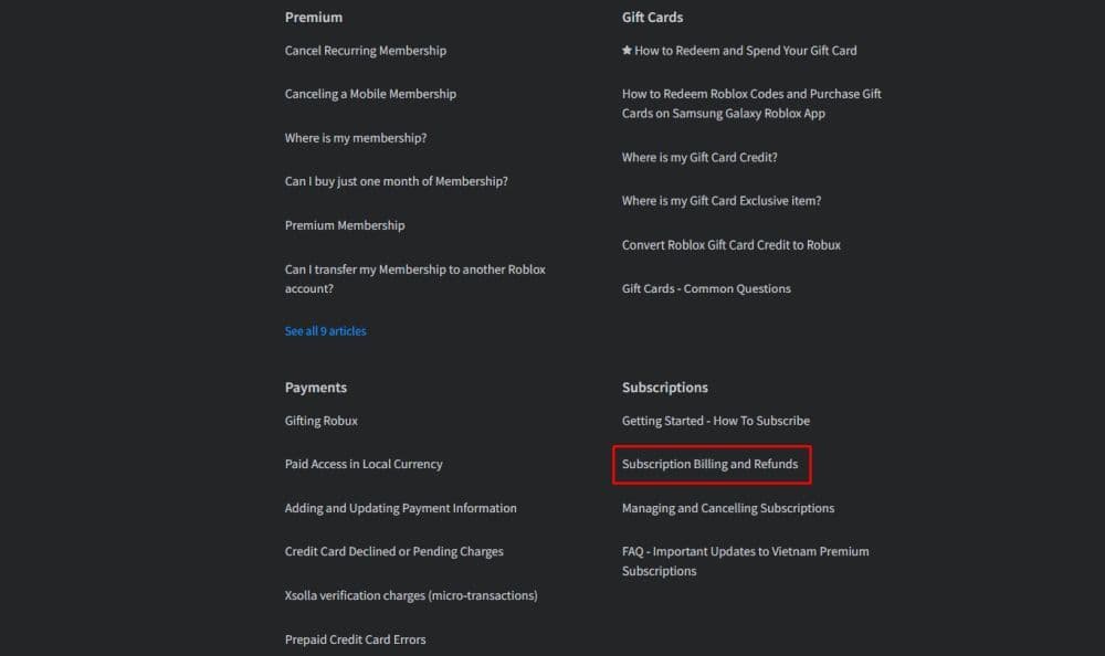 Scroll all the way down until you see the “Subscription Billing and Refunds” menu (Image Credit: THESPIKEGG)