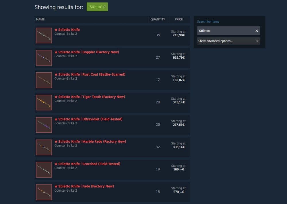 You can find many Stiletto Knives in the official CS2 market but you won’t be able to find every variety (Image Credit: THESPIKEGG)