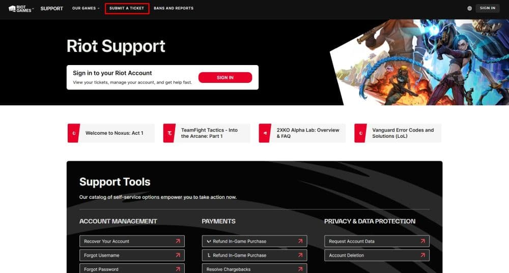 After logging into your account, click “Submit a Ticket” at the top of the screen (Screengrab via Riot Games)