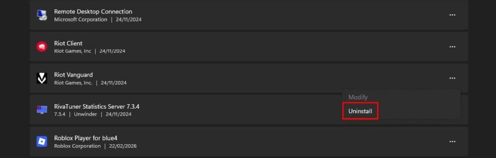 Uninstall Riot Vanguard from “Add or Remove Programs” on your PC (Image Credit: THESPIKEGG)
