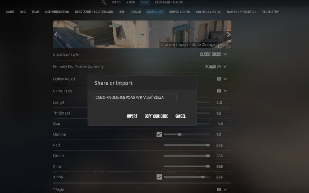 Paste the desired crosshair code in the field. The code on the image belongs to Zywoo’s crosshair code, which is: “CSGO-FNOLG-fQcPX-V8P7K-VqtAf-ZbJaA” (Image Credit: THESPIKEGG)