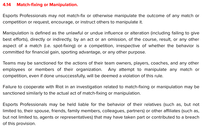 Código de conducta global de Riot Games Esports Artículo 4.14