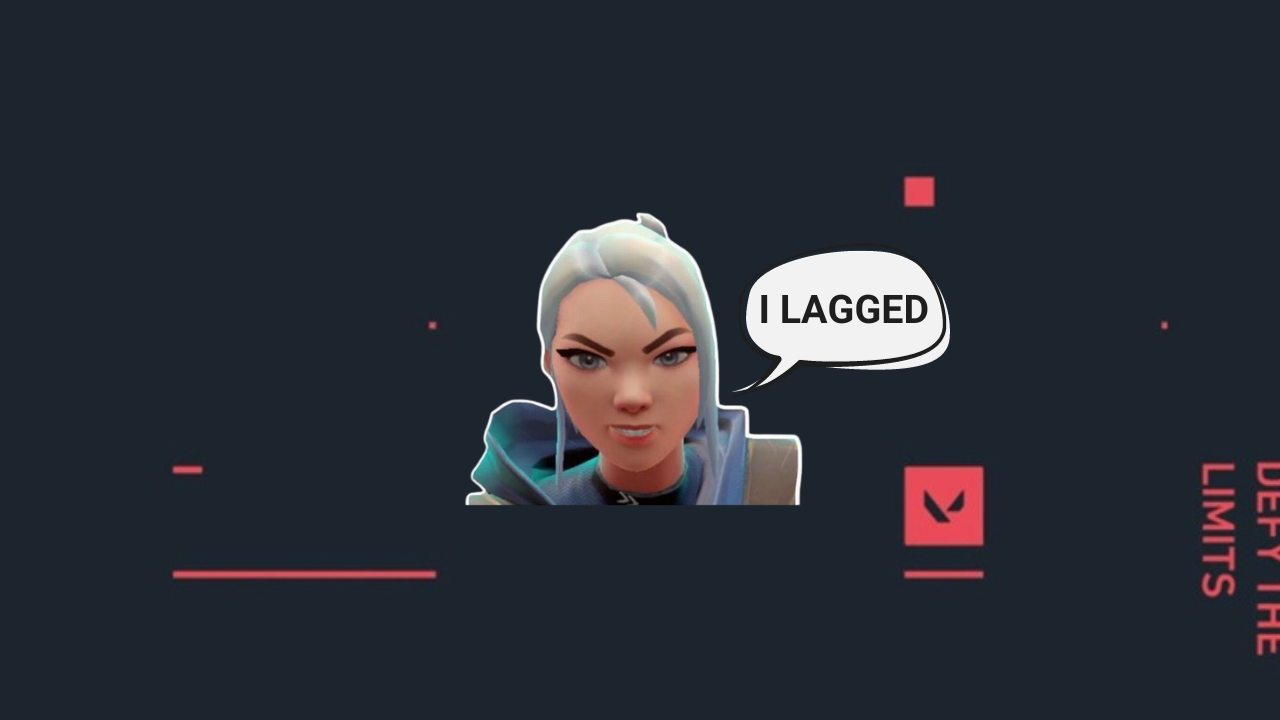 Jett's angry head superimposed in the middle of a VALORANT banner, complaining about lag 