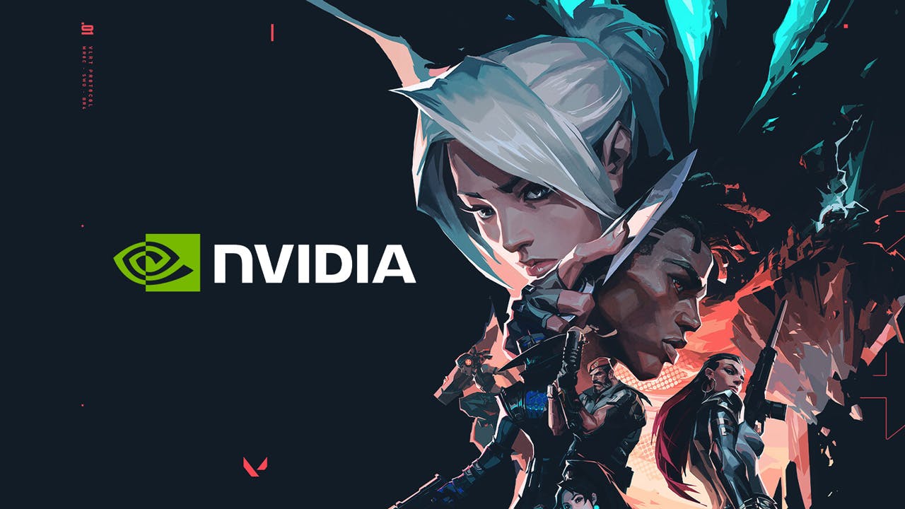 NVIDIA logo with official VALORANT art with the agents Jett, Phoenix, Reyna, Raze, and Cypher