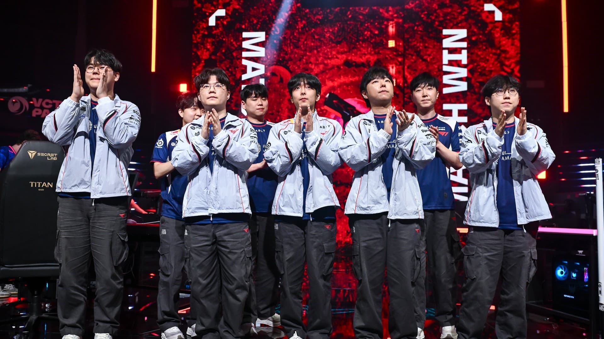 T1 celebrating their win against Paper Rex in VCT Pacific 2026 Stage 2 (Image Source: Riot Games)