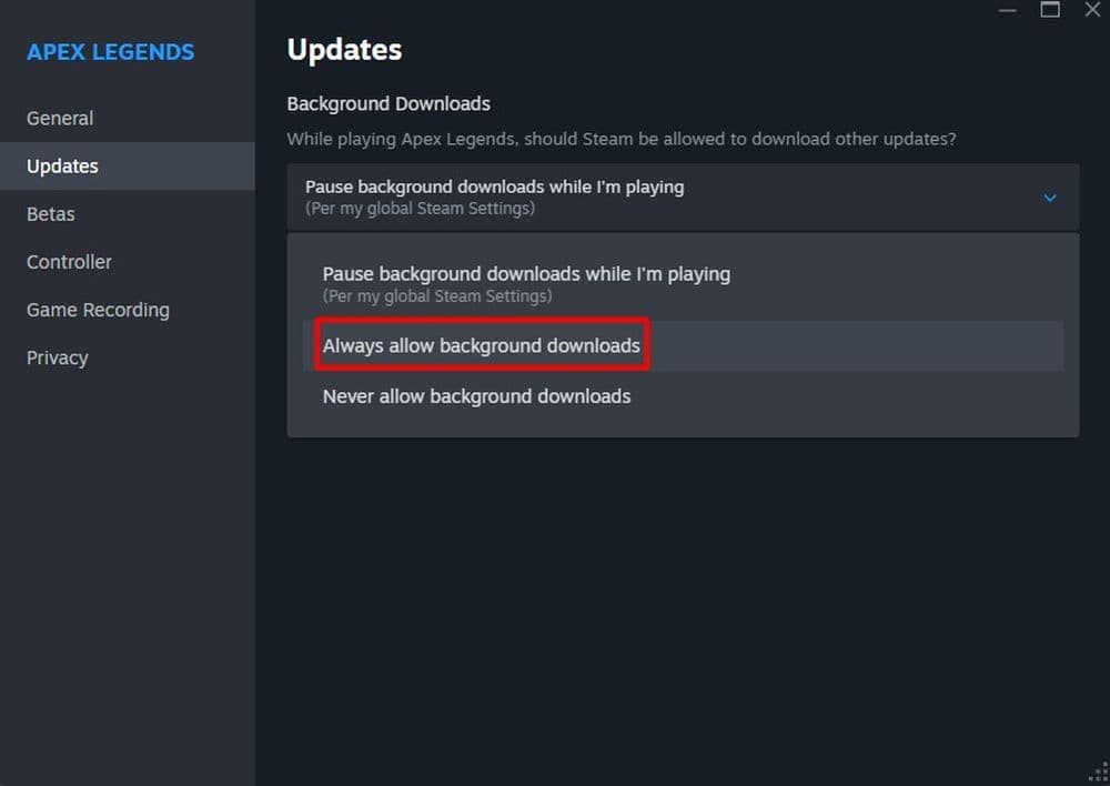 If you are on Steam, simply right-click on the game, go to Properties, and make sure “Always allow background updates” is on (Image Credit: Screengrab by THESPIKEGG)