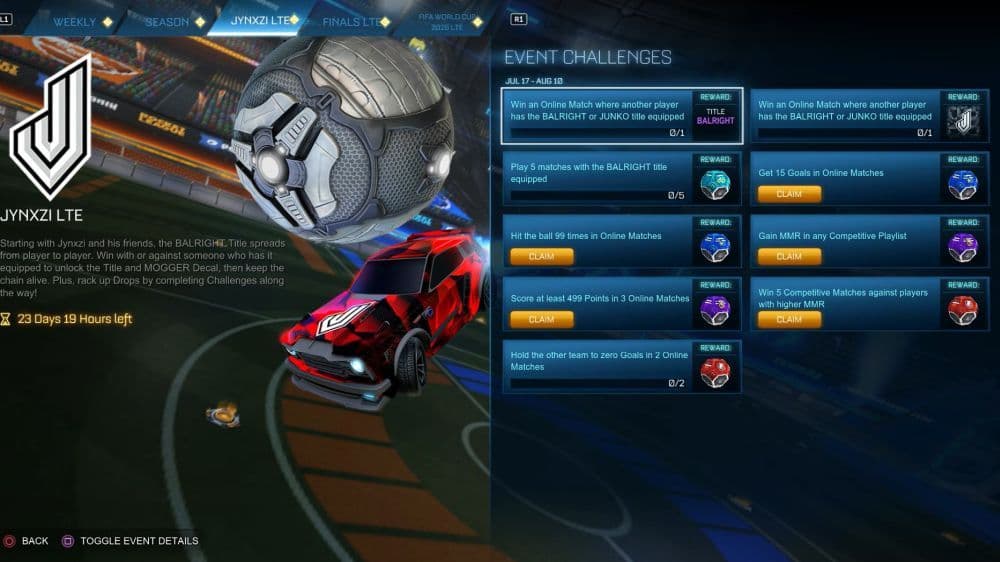 Currently, you can get the BALRIGHT title in Rocket League, and you can see it in your event challenge page as well (Image Credit: Rocket League)