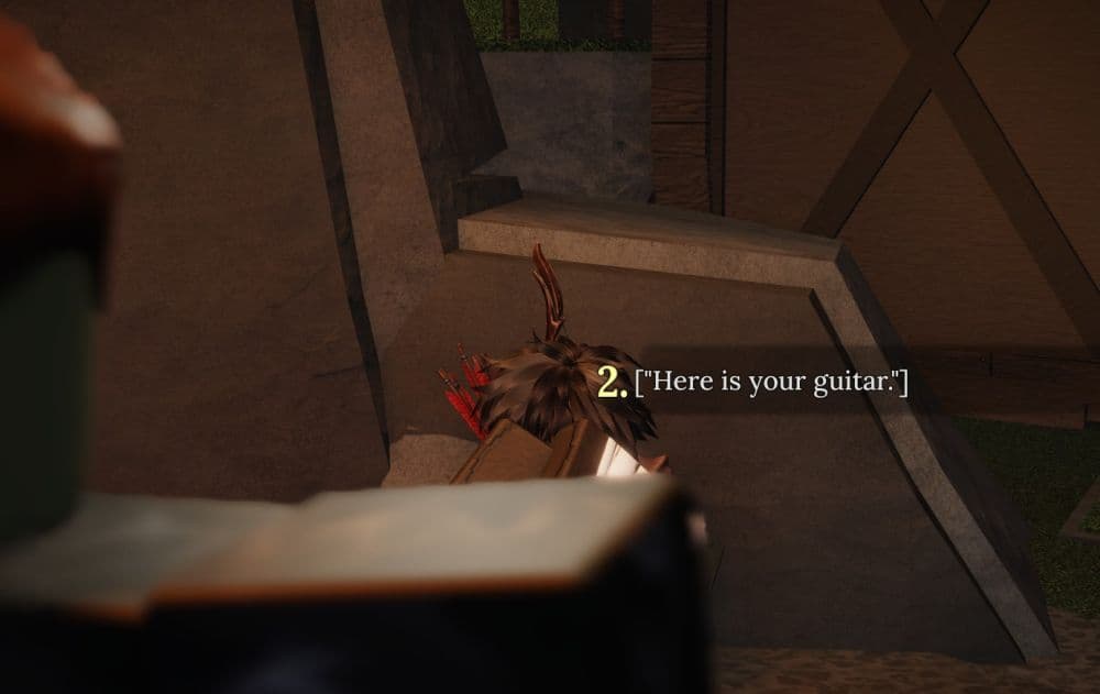 Go back to Bard, hold “E” and select “Here is your guitar” in the option to complete the quest (Image Credit: THESPIKEGG)