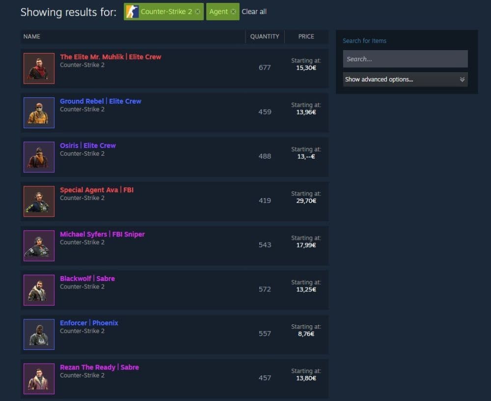 You can find many different agents in the Steam Community Market (Image Credit: THESPIKEGG)