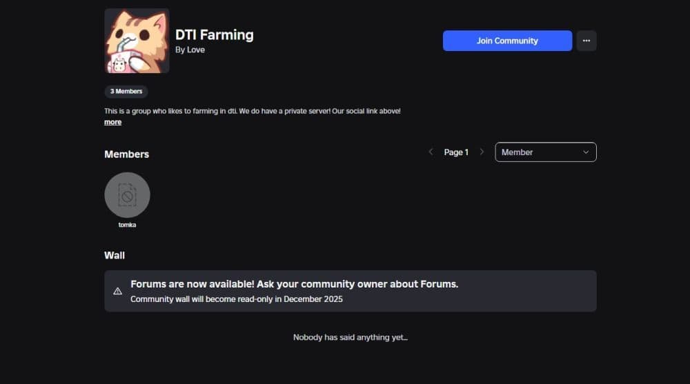 You can find DTI farming servers through communities in Roblox (Image Credit: Screengrab by THESPIKEGG)
