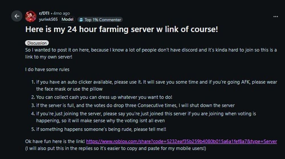 Above is an example of common DTI farming server rules, by a Reddit user (Image Credit: Screengrab by THESPIKEGG)