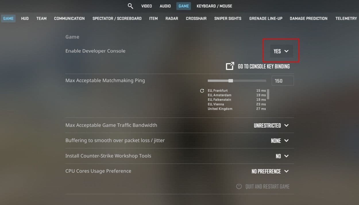 Go to settings and make sure “Enable Developer Console” is set to “Yes” (Image Credit: THESPIKEGG)