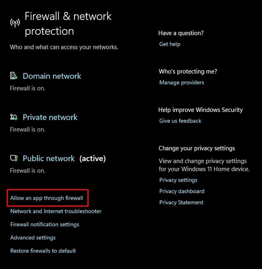 In your “Firewall & network protection” settings, click on “Allow an app through firewall” and give the correct permissions (Image Credit: THESPIKEGG)