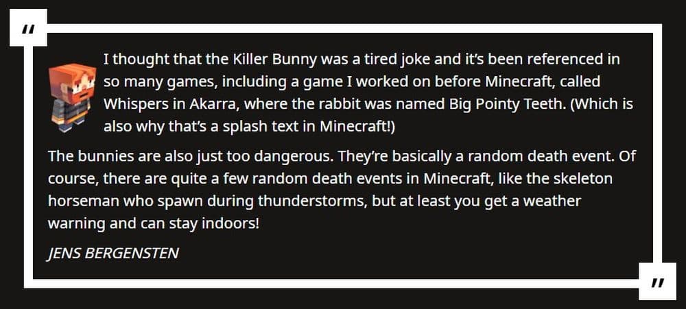 Here is what Jens Bergensten had to say about Killer Bunny in the snapshot that the mob was removed (Image Credit: Screengrab by THESPIKEGG)