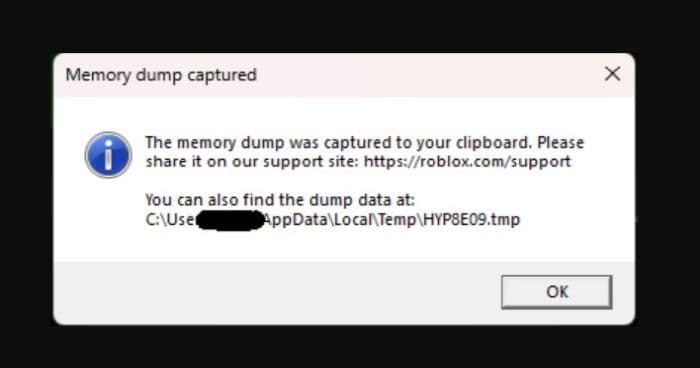 Here is an official image of the Roblox memory dump error (Image Credit: Roblox Developer Forum)