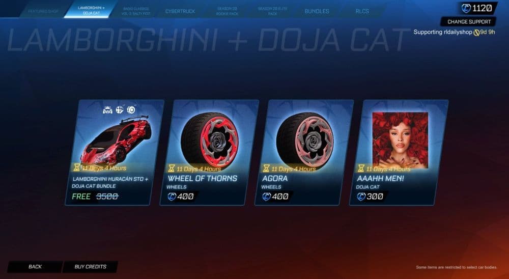 Wheels and Doja Cat bundle items can be seen in the image above (Image Credit: Rocket League)