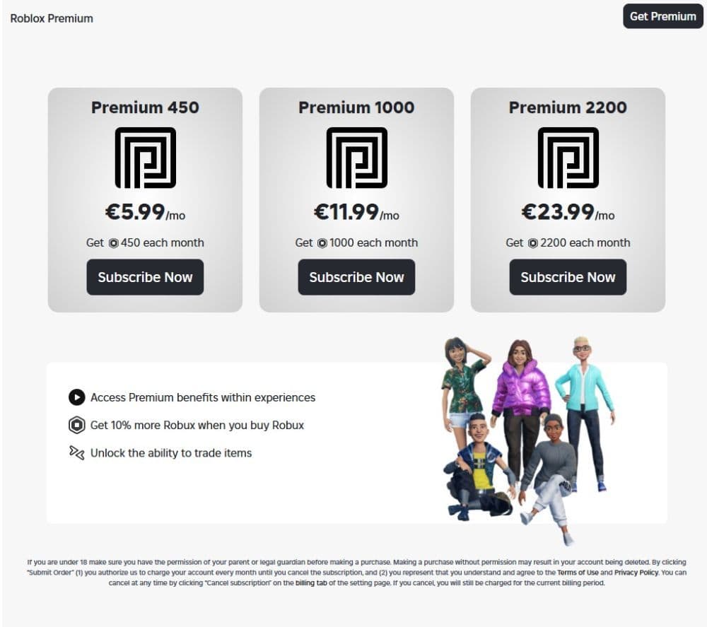 You can easily visit the official Roblox Premium page to subscribe to the plan that fits you (Image Credit: Screengrab via Roblox)