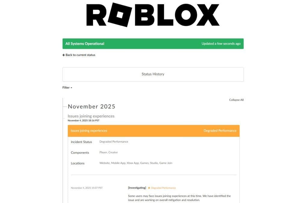Sometimes Roblox goes down, which causes login and gameplay issues for almost all of the players (Image Credit: Screengrab via Roblox)