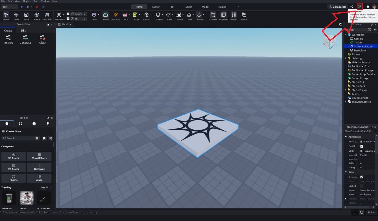 Here is where you can find the AI Assistant in Roblox Studio (Image Credit: THESPIKEGG)