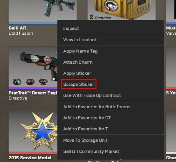 After opening your inventory, simply right-click on the skin you want to scrape stickers off and click “Scrape Sticker” (Image Credit: THESPIKEGG)